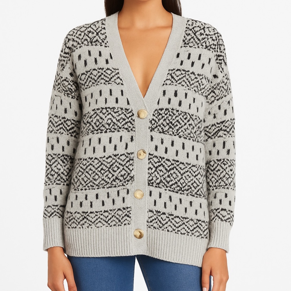 Evereve Geometric Aztec Inspired Long Cardigan Gray Black Button Front Small